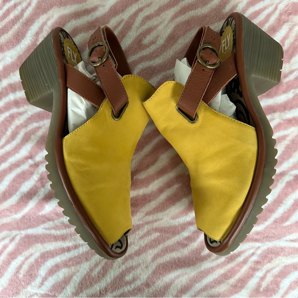 Fly London SLINGBACK Yellow Leather Wedge Sandals Peep Toe Size 40 Eu, 9-9.5 Us